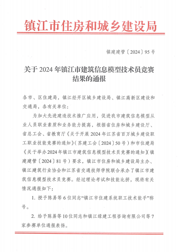 关于2024年镇江市建筑信息模型技术员竞赛结果的通报